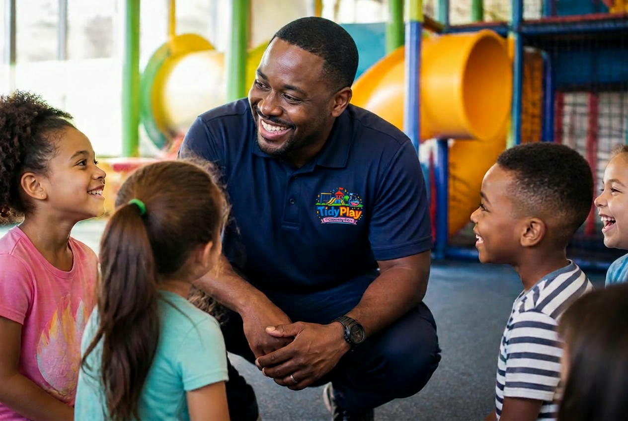 Friendly TidyPlay sanitization professional smiling with happy children in a clean indoor playground