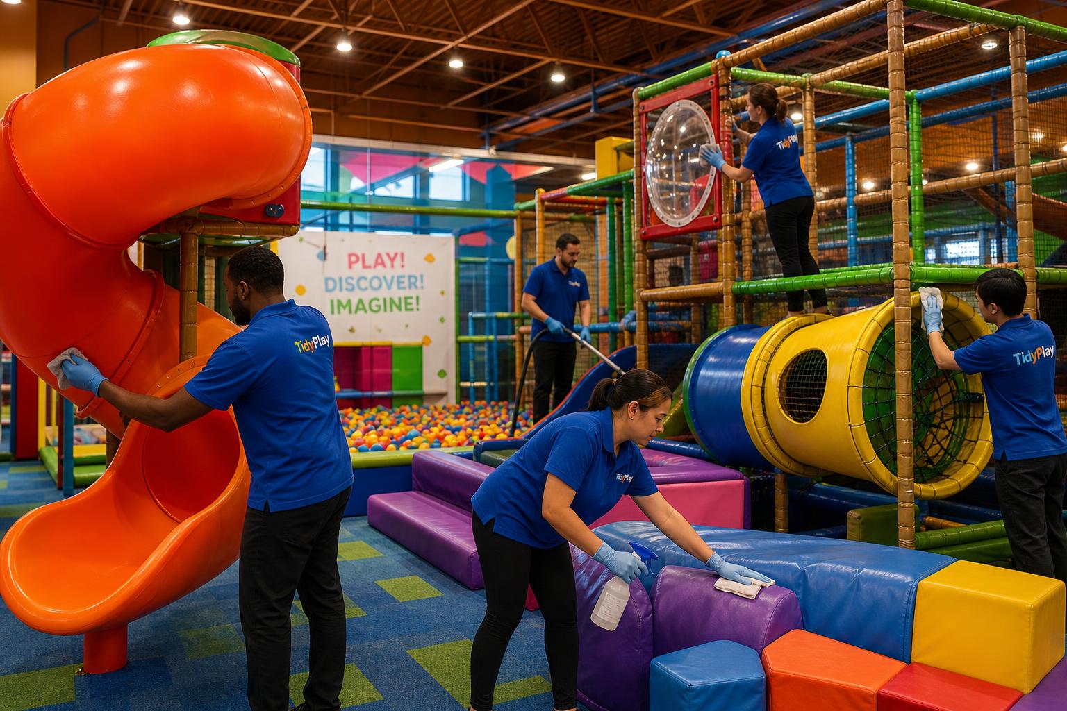 TidyPlay technician sanitizing a children's play space